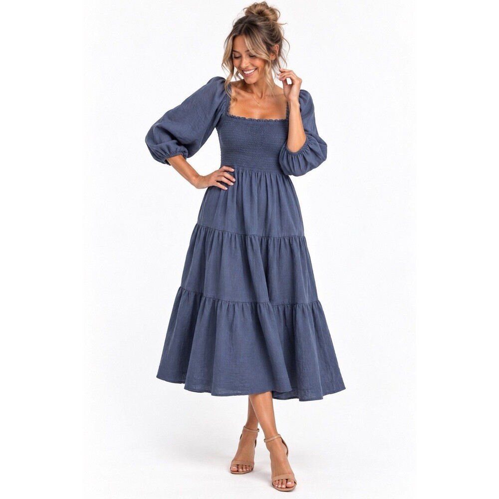 Neuflora Linen Blend Smocked Dress Blue Women’s Medium